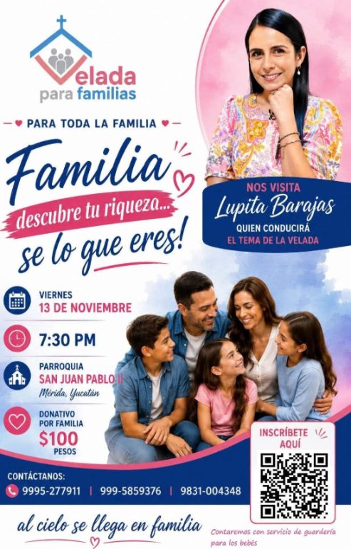 Cartel de la Velada para Familias: viernes 13 de noviembre, 7:30 PM, Parroquia San Juan Pablo II, donativo $100 por familia